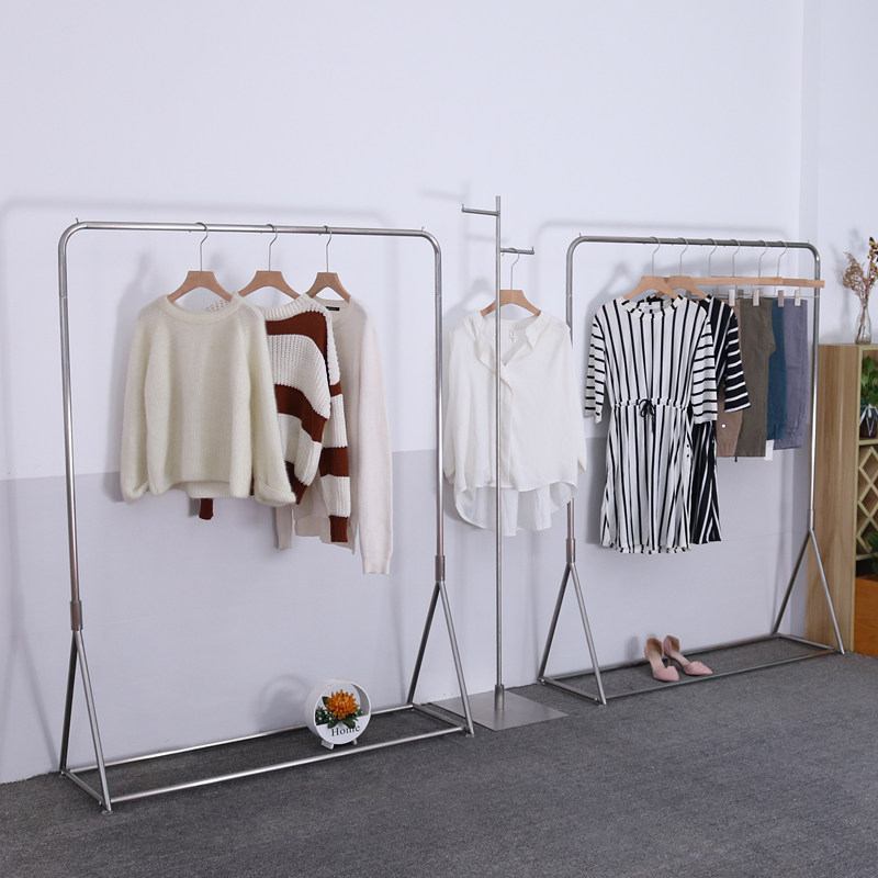 2021 latest clothing store display stand floor-standing stainless steel brushed silver display hanger women's clothing shelf