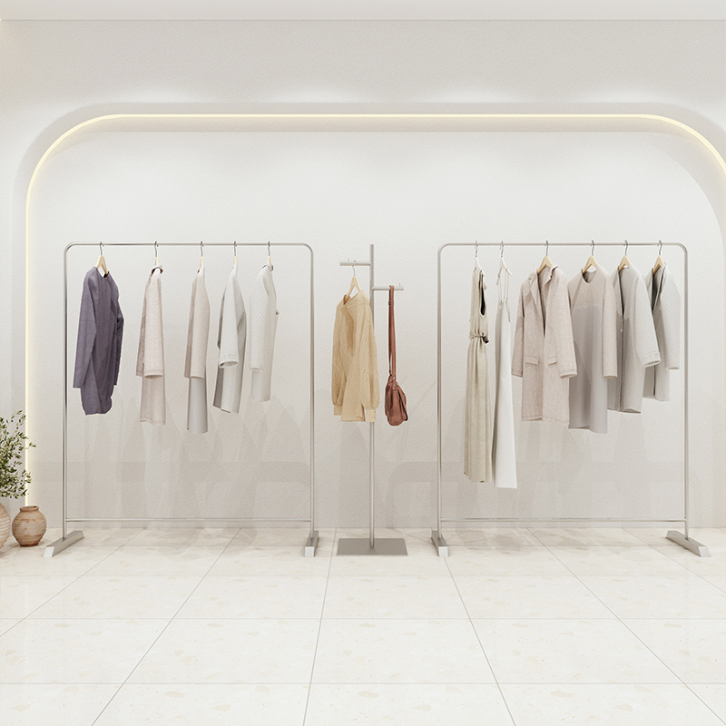 Clothing store display stand floor-standing special hanger solid stainless steel silver clothes rack women's clothing store shelves