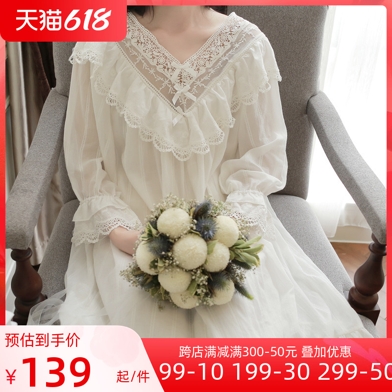 Spring Summer Pure Cotton Sleeping Dress Woman Long Sleeve Palace Court Wind Retro Long Version Sleeping Dress Sexy Sweet Princess Goddess White House