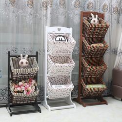 Solid Wood Storage Rack Snack Storage Rack Bedroom Living Room Universal Book and Newspaper Rack Rattan Multi-Layer Floor-Standing Storage Basket Sundries