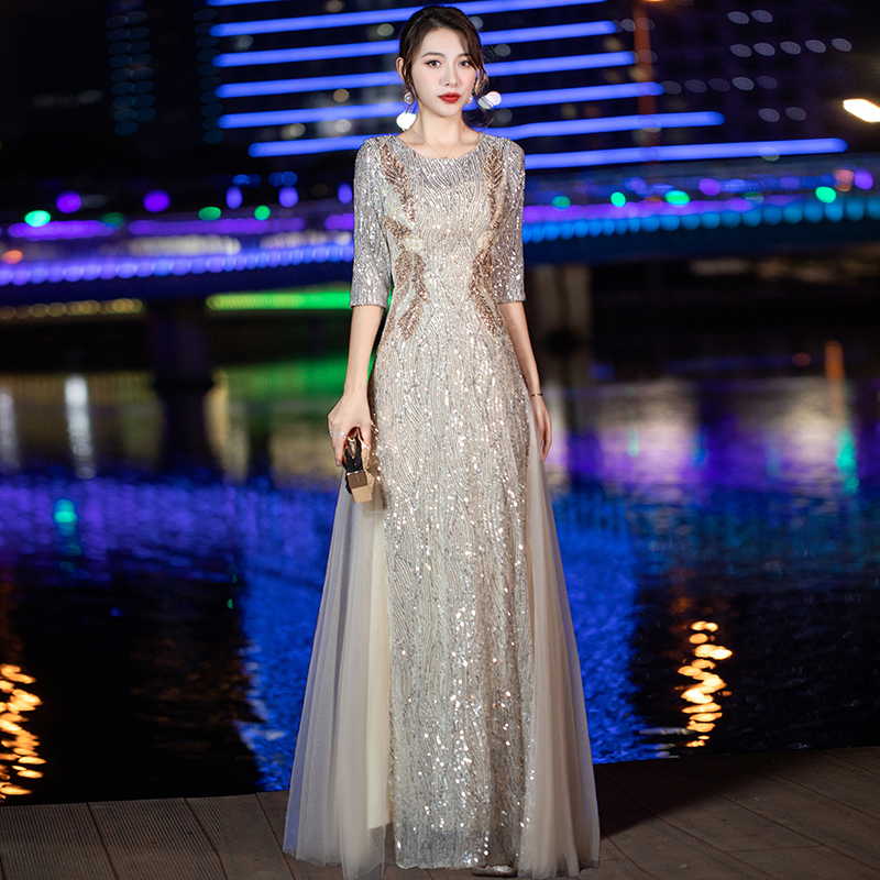 Champagne-Colored Sequin Evening Dress, Light Luxury, Niche, High-End, Elegant, Banquet, Sophisticated, Performance Dress, Annual Meeting Host Dress for Women