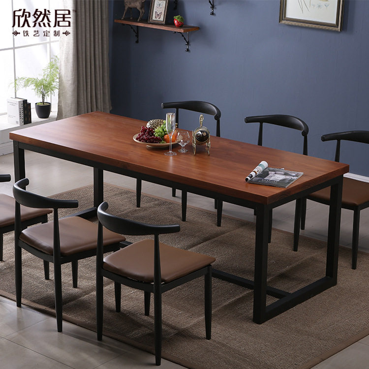 American retro solid wood dining table and chairs combined coffee dining room table rectangular table iron art solid wood desk