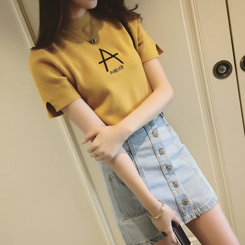 2021 Summer new ice silk T-shirt woman half high round collar short sleeve needle cardiovert sweaters undershirt