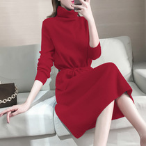 Red sweater autumn and winter 2021 new medium-length knitted thickened slim-fit base shirt with skirt small woman