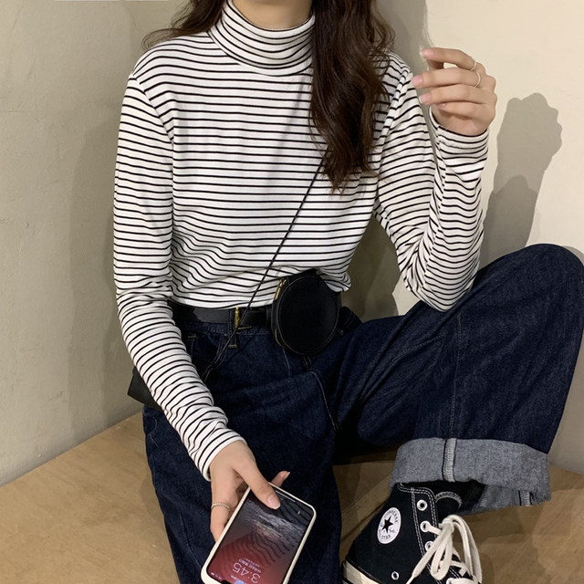 2022 new Korean version with high-necked long-sleeved t-shirts, Western-style striped bottoming shirts, women's spring, autumn and winter tops