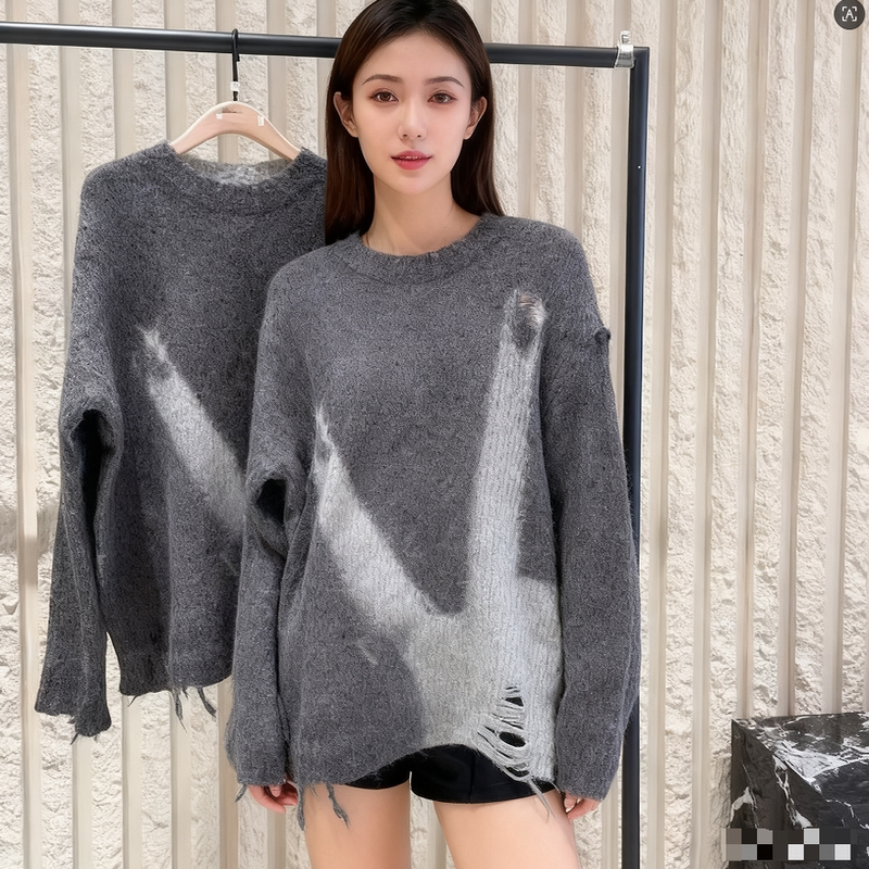 Boutique Sweater with Alpaca Wool, Printed and Rhinestone-Decorated, Wide Round Neck, Distressed Edges, Ripped Holes, Drop Shoulder, Pullover Knit Mbd4Swtt04