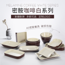 Melamine restaurant hot pot restaurant creative coffee white tableware two-color plate plastic rectangular string side dish plate commercial