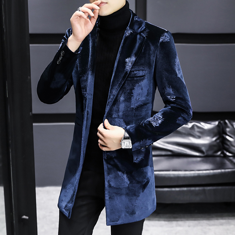 Autumn and Winter Trench Coat for Men, Mid-Length, British Style, Korean Version, High-End Suit, Trendy Casual Thickened Velvet Jacket for Men