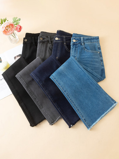 Micro-flared jeans for women 2025 new spring and autumn high-waisted slim fit petite raw edge style versatile elastic