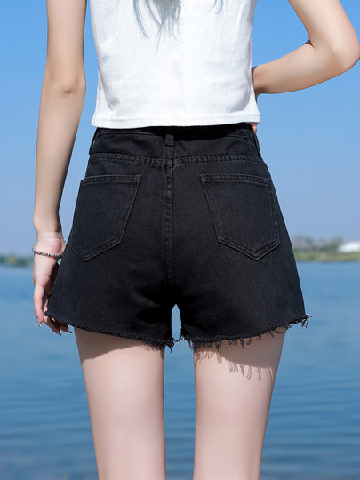 黑色高腰牛仔短裤女夏季薄款2025年新款破洞显瘦小个子a字热裤子