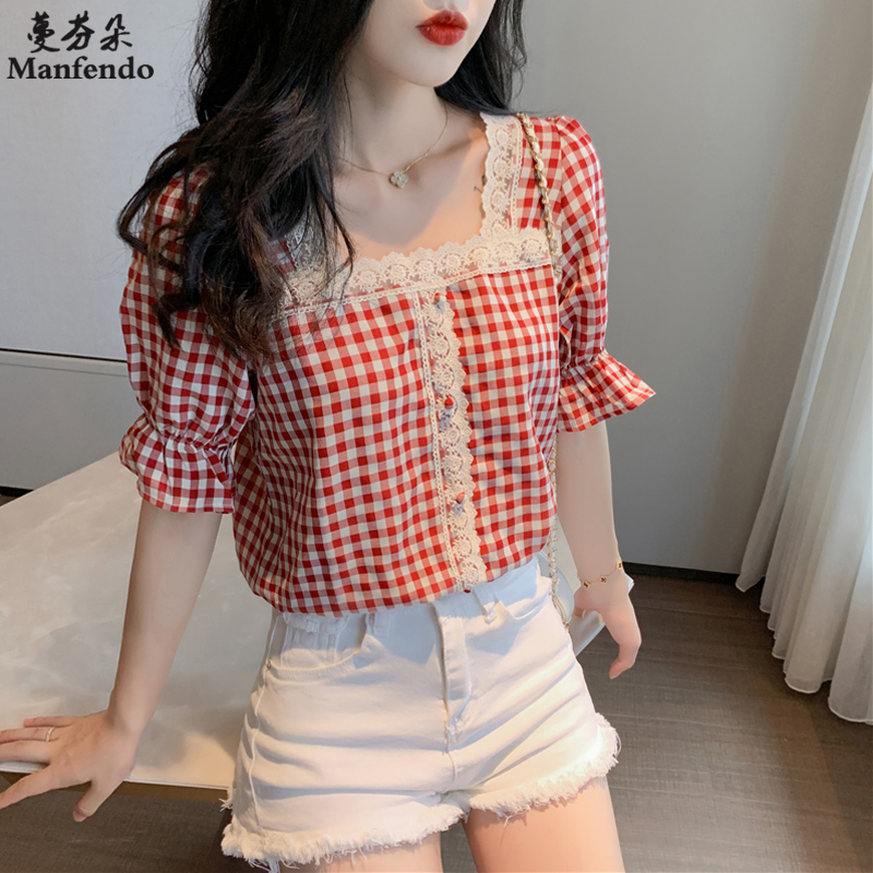 Square collar bubble sleeve chiffon plaid shirt women's short-sleeved summer 2021 new French retro design niche top