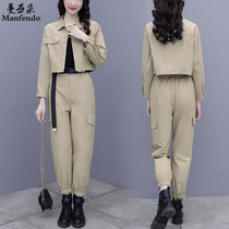 2021 new fashion set high waist loose short coat solid color work casual pants women autumn retro foreign atmosphere tide