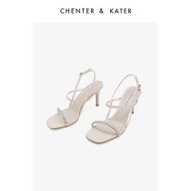 Small CK dew-toe temperament with square head sandals women 2022 Summer new water drill to decorate fine heel high heels