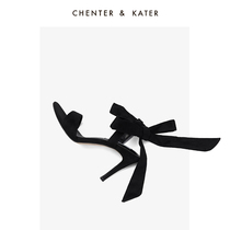 Small CK Black fine heel womens shoes with suede bowtie Bow Tie Band Temperament Famous dress High heel sandal sandals
