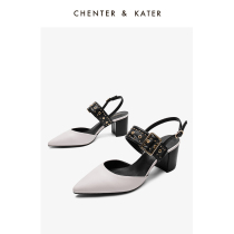 Pointed coarse heel collage Ribbon Sandal Sandals Women Summer New Middle Heel Rear Empty High Heel Shoe Rivet Single Shoes