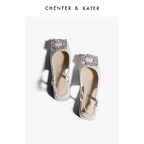 Small CK Baotou slippers female outside wearing 2022 Spring and autumn water drill square buckle method retro coarse heel lacquered leather high heel sandal