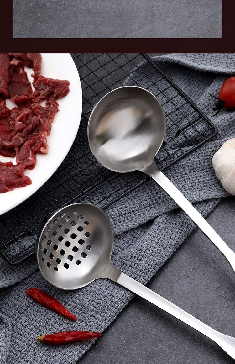 Nồi lẩu dày 304 muỗng inox súp colander đặt tay cầm dài dụng cụ nhà bếp cháo thìa - Phòng bếp giá để gia vị