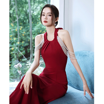 Toast to the bride Summer 2022 new temperament red atmosphere engagement wedding Stern Hanging Neck evening dress