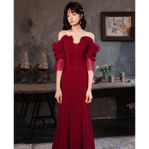 Straight Shoulder Toast to bridal Arms Temperament Light Extravagant Senior Fish Tail Engagement Back Door Gown long Conspicuia Slim Summer