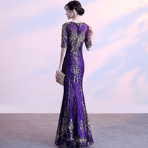 Banquet evening dress female 2021 new long high-end aura Queen host sexy fishtail dress noble temperament
