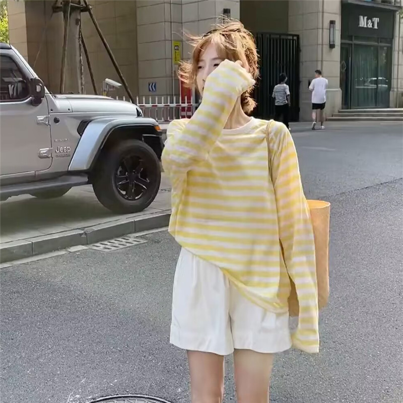 Color-Block Striped T-Shirt for Women, Long-Sleeved, 2026 Summer New Style, Casual Loose Thin Sun-Protective Cover-Up Top