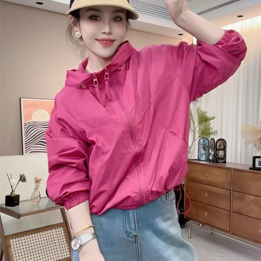 フード付きダブルジッパー日焼け防止ジャケット女性用薄手2025年夏新作小さめカジュアルゆったりジャケット