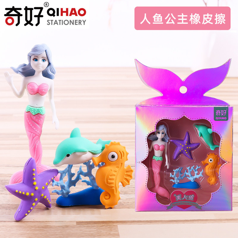 Chic Good People Fish Princess Rubber Erasers Schoolgirl Stationery Girl Children Pencil Wipe Can Be Assembled Fun Styling Mermaid Suit Dolphin Marine World Wipe Clean Children Gift Prizes