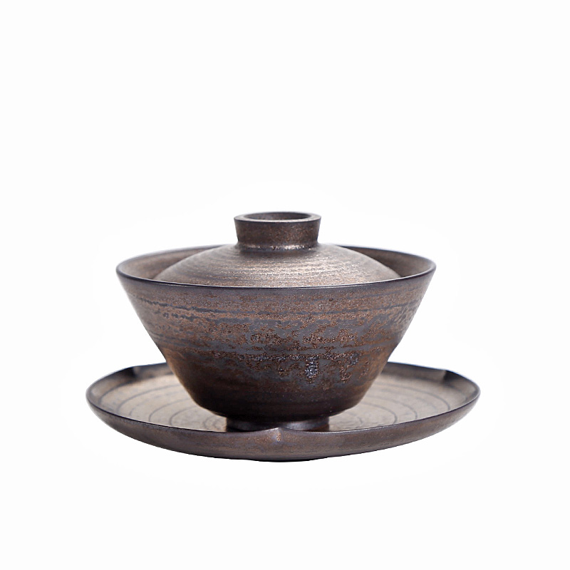 Japanese coarse pottery gold tureen large lid ceramic bowl is only three bowl of tea cups to serve tea, kungfu tea set