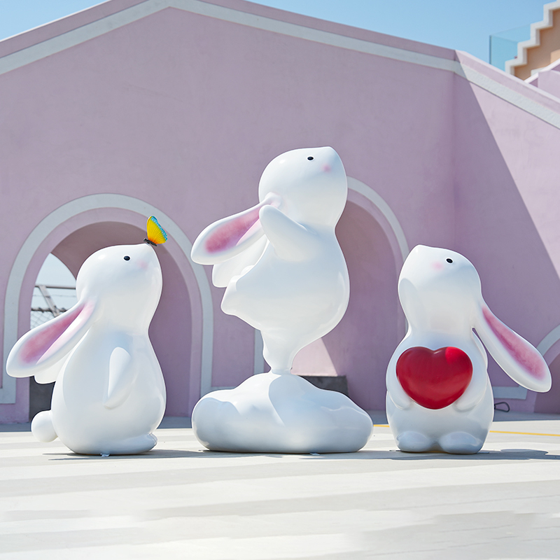 Cartoon Rabbit Fiberglass Sculpture Popular for Photo-Taking in Homestays and Stores, Decorative Display Piece for Photo Zones