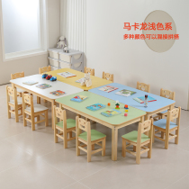 Kindergarten solid wood rectangular table childrens color game table six-person desk and chair early education training painting learning table