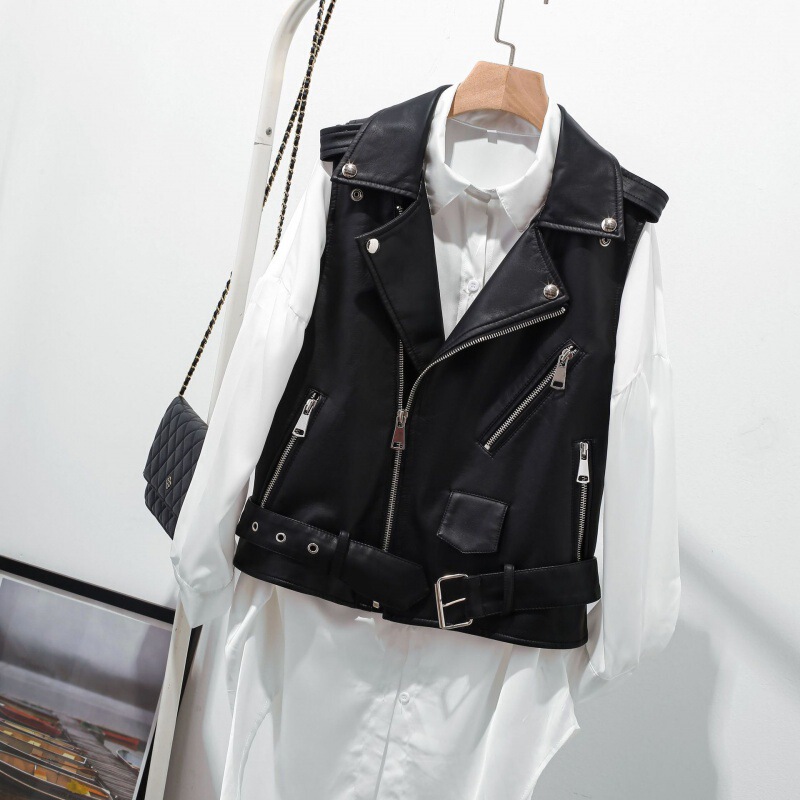 2024 Spring and Autumn New Women's Leather Vest Short Sleeveless Korean Style Pu Waistcoat Small Belt Leather Jacket Women's Vest 2024 Spring and Autumn New Women's Leather Vest Short Sleeveless Korean Style Pu Waistcoat Small Belt Leather Jacket Women's Vest