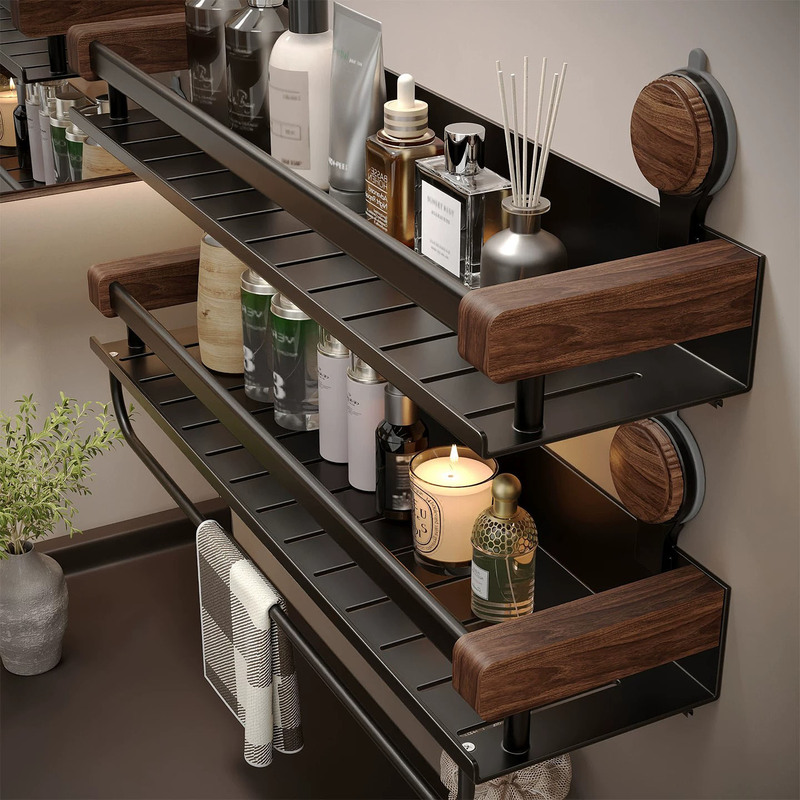 Japanese Imported Walnut Suction Cup Bathroom Shelf, No-Drill Wall-Mounted Toilet Storage Rack