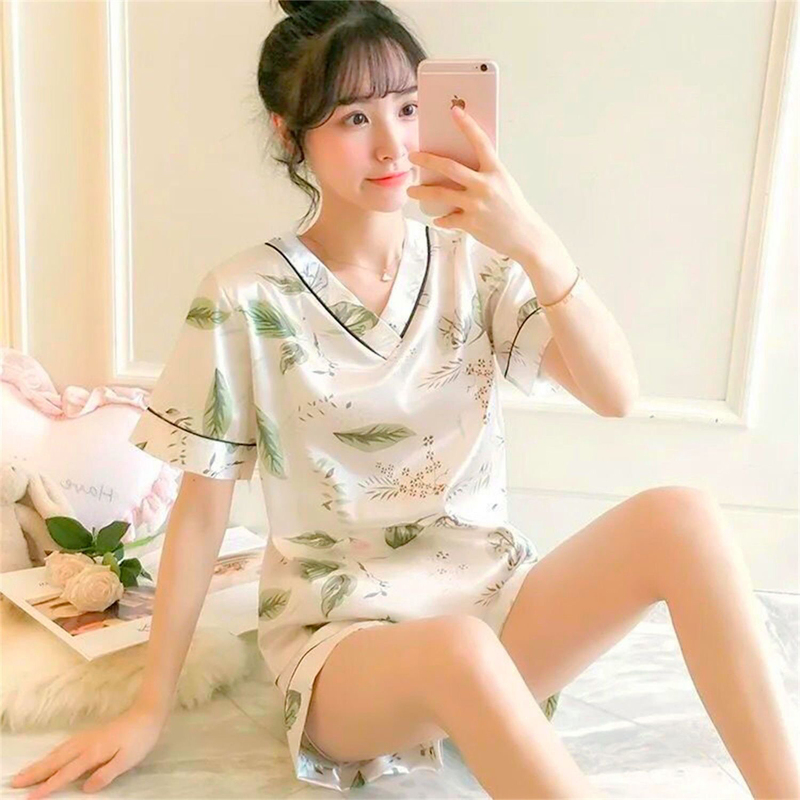 2026 New Women's Pajamas, Ice Silk Korean Style, Fresh V-Neck, Thin Printed Silk Set, Can Be Worn Outside, Loungewear