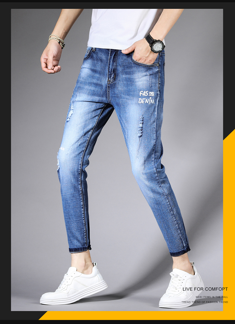 Quần jean nam 9 điểm màu xanh nhạt 9 điểm quần xu hướng nam Quần nam hàn quốc thương hiệu hoang dã mùa hè - Quần jean quần tây nam