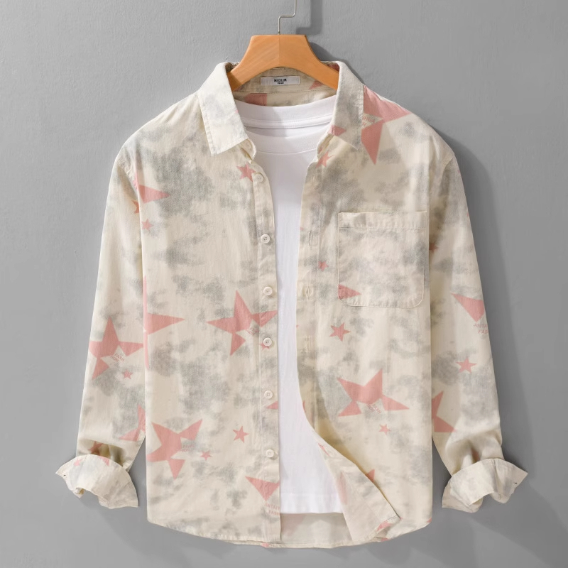 Spring and Autumn Artistic Style Men's Star Print Long-Sleeved Shirt Trendy Casual Loose Popular Youth Versatile Men's Shirt