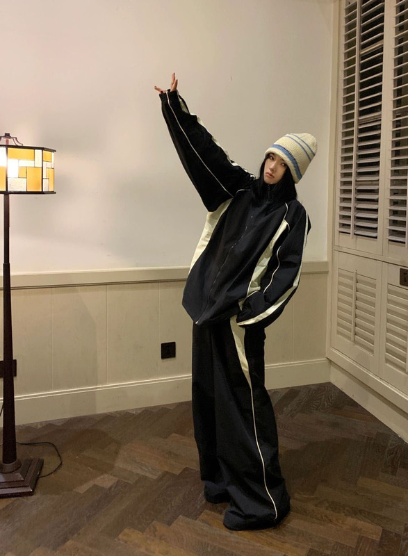 American Street Style Black Windbreaker Jacket Casual Sportswear Suit for Women Spring and Autumn Student Jacket and Pants Two-Piece Set