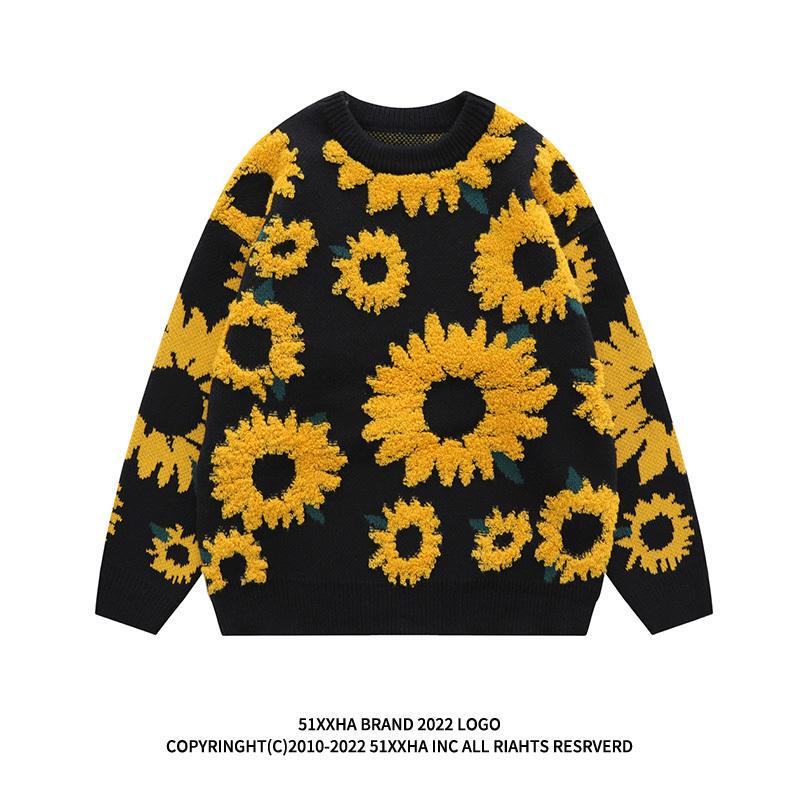 Autumn Japanese Retro Sunflower Flocking Lazy Style Sweater Unisex Bf Hip-Hop Trendy Brand Couple Long-Sleeve Knitwear