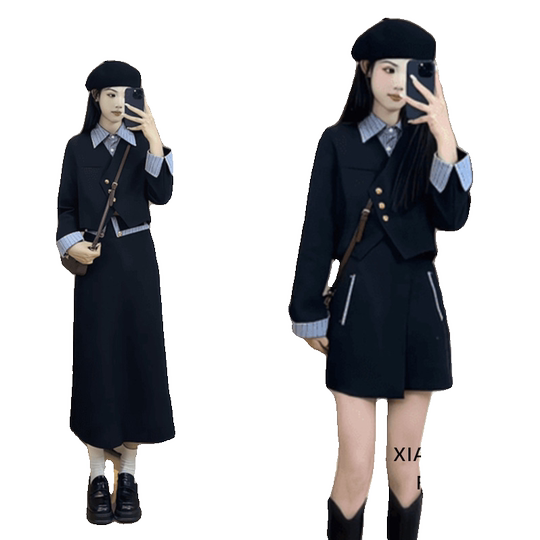 Korean atmosphere outfit, fake two-piece jacket, hip-covering skirt, fashionable two-piece suit for small people