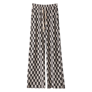 Checkerboard Pattern Wide-Leg Pants for Women, High-Waisted, New Spring and Autumn Style, Elegant, Slimming, Casual Pants, Fashionable Straight-Leg Floor-Length Trousers