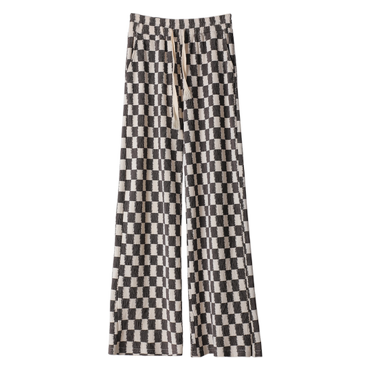 Checkerboard pattern wide-leg pants for women, high-waisted spring and autumn new style slim casual pants, fashionable straight floor-length pants