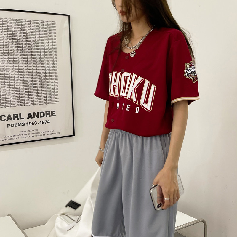 Red American baseball suit hiphop street dance BF Street hip hop digital embroidered short sleeve sweater T-shirt