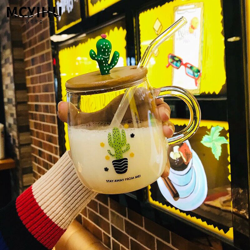 Cute glass female with handle with lid spoon milkshake cup milk cup heat-resistant office water cup with straw super cute