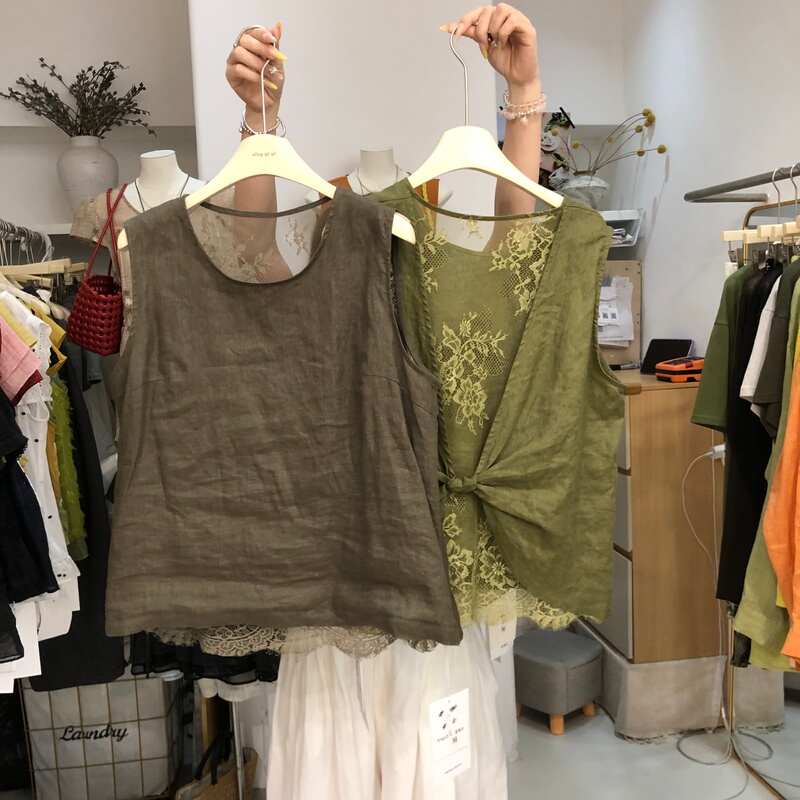 Back-Knot Lace See-Through Sleeveless Shirt for Women 2026 Summer New Korean Style Loose Top Trendy Xqy1192 Back-Knot Lace See-Through Sleeveless Shirt for Women 2026 Summer New Korean Style Loose Top Trendy Xqy1192