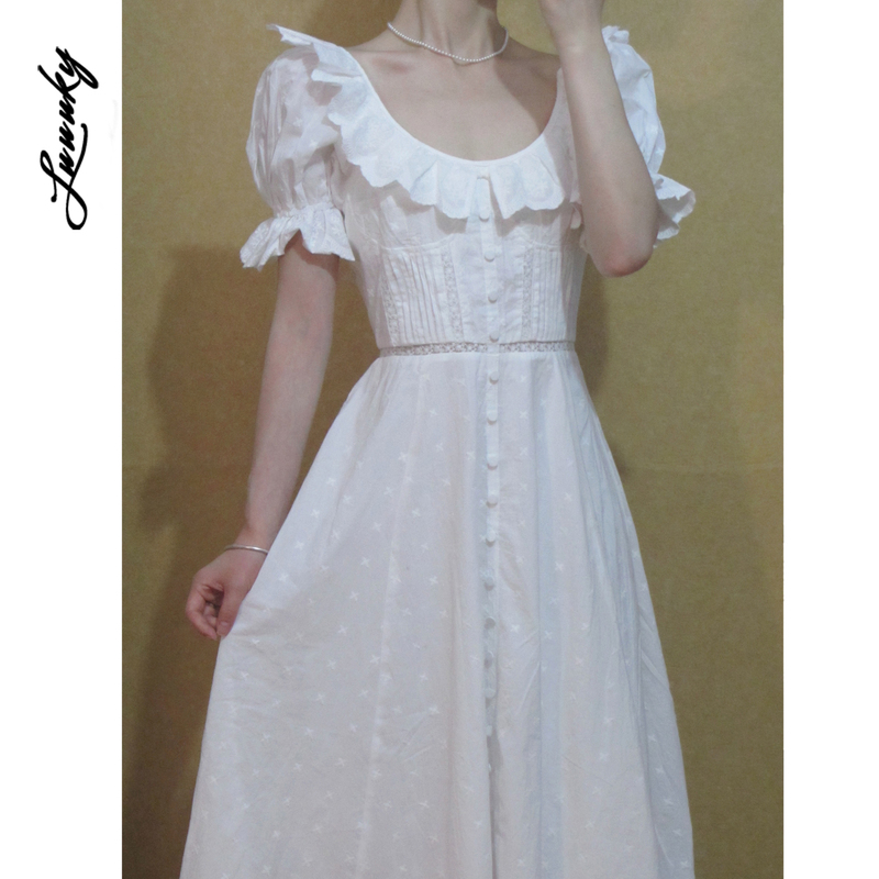 Yijiu Club Eleven Train Luoluo Style White Puff Sleeve U-Neck Waist-Cinching Slimming Sweet Princess Dress