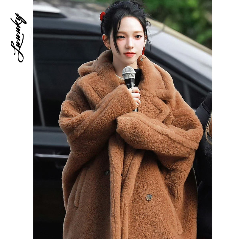 Yoo Ji-Min Celebrity Style Brown Camel Teddy Bear Alpaca Wool Coat Winter Mid-Length Thickened Lamb Wool Jacket