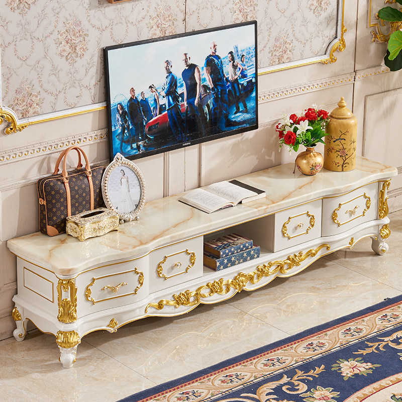 Eurostyle marble TV cabinet Tea Table Living Room Suit Combination Modern Minima Solid Wood Carved white baking lacquered wall cabinet