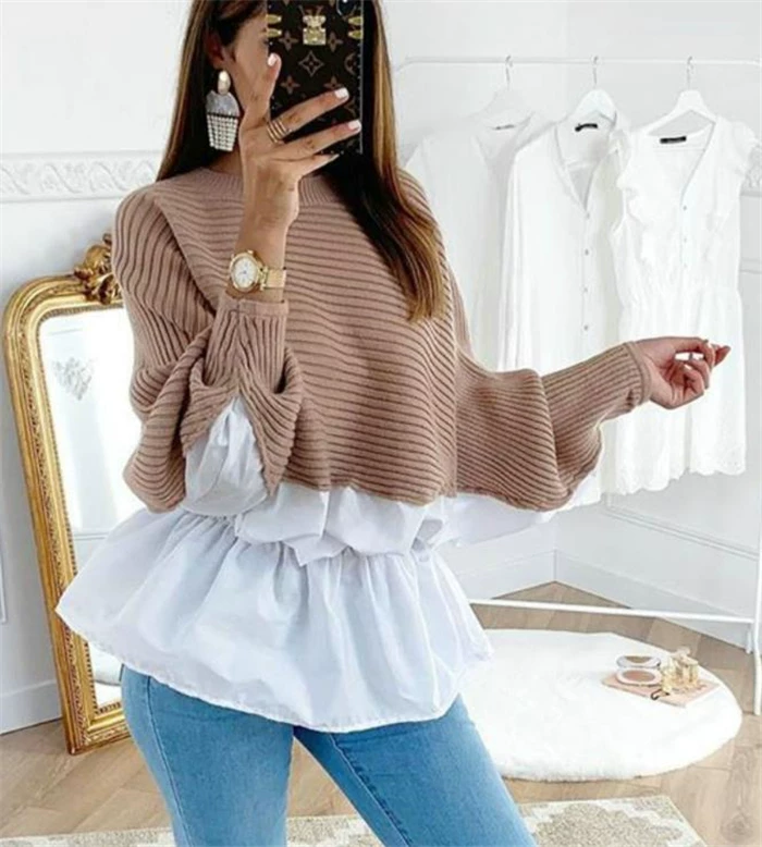 Women's sweater pullover, ribbed knit, layered ruffle hem — sizes S–XL