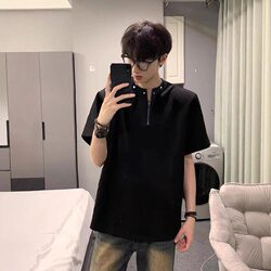 High-End Half-Zip Shoulder-Padded Short-Sleeve T-Shirt for Men with Rivets, Heavy-Duty American High Street Cleanfit Half-Sleeve Shirt