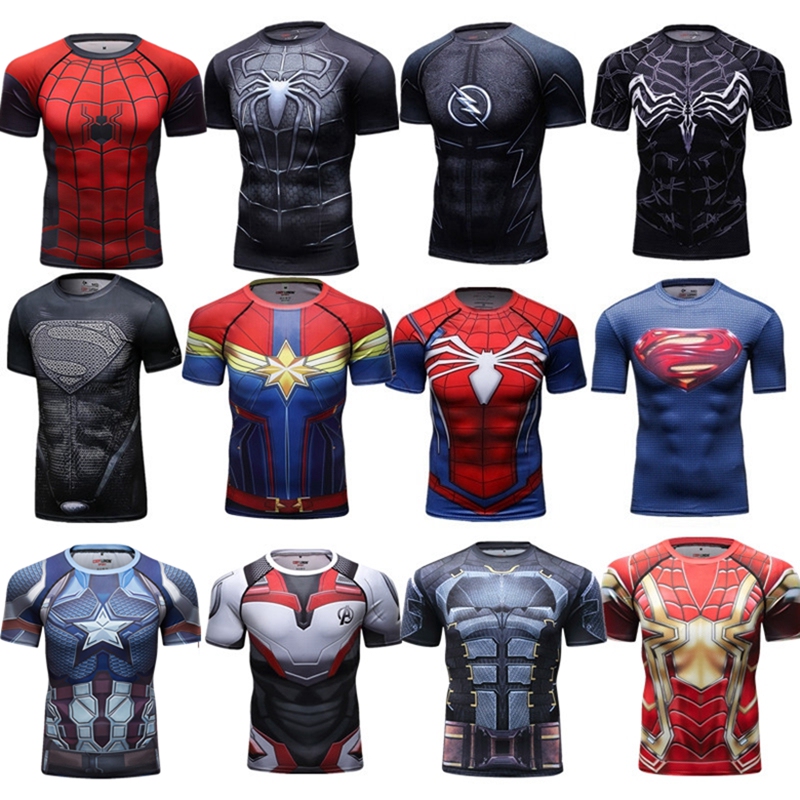 Avengers Captain America Superman Spider-Man Iron Man Sports Fitness High-Elasticity Body Shaping Quick-Drying Tight-Fitting Short-Sleeved T-Shirt for Men