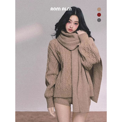 AOMALM Shao Ye Ye "Su Li International Student "%# American-style winter women's knitted scarf, sweater and shorts three-piece set